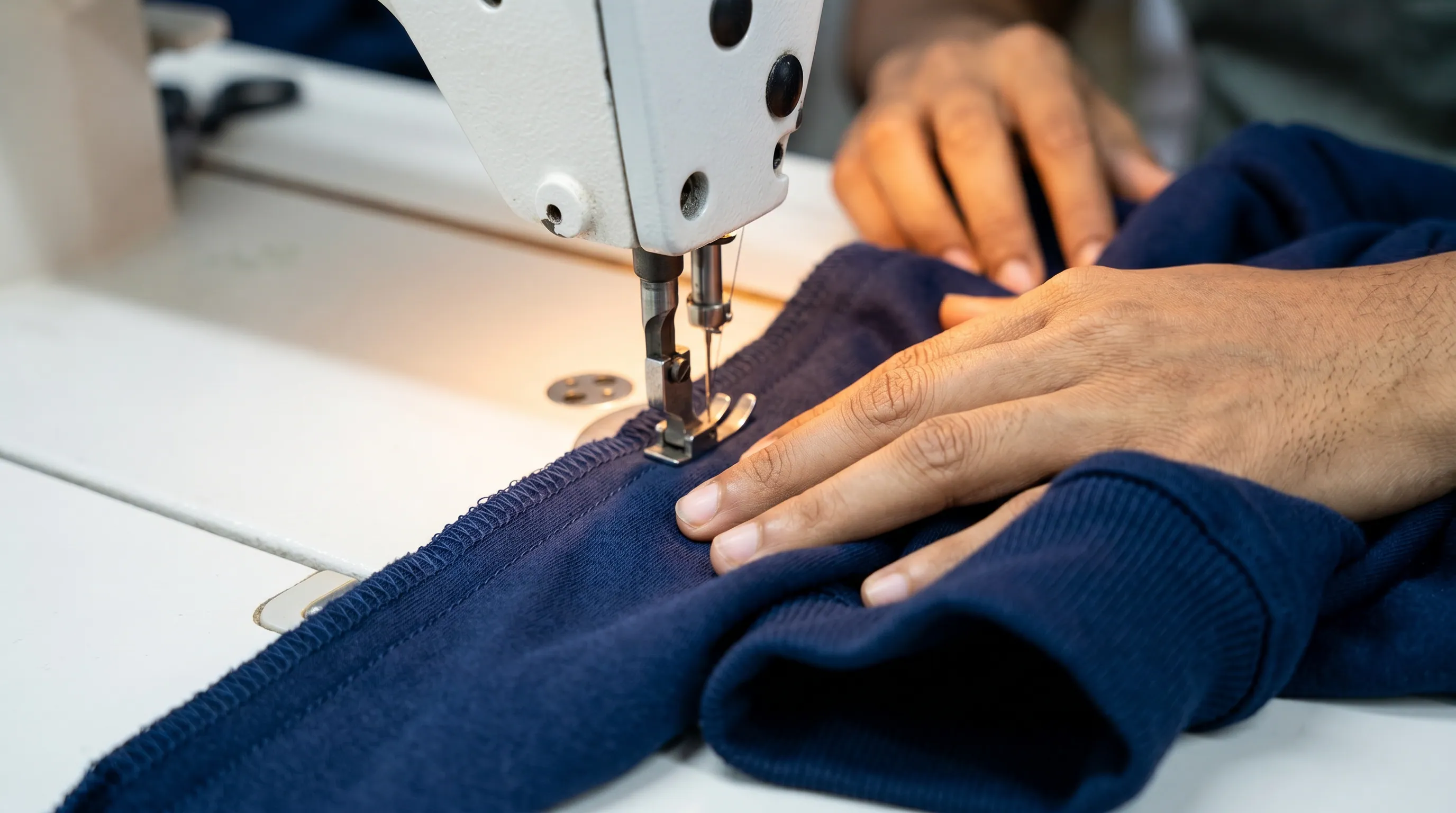 Worker operating a SIRUBA industrial stitching machine sewing a navy hoodie neckline at Apex Corporation garment manufacturing factory in Karachi Pakistan